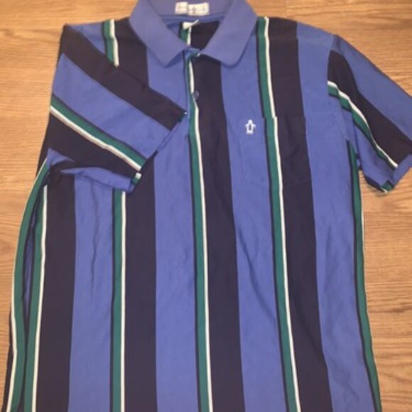 Penguin Club Men’s Short Sleeve Polo Large Blue Green Black Striped VTG Style - Picture 2 of 7
